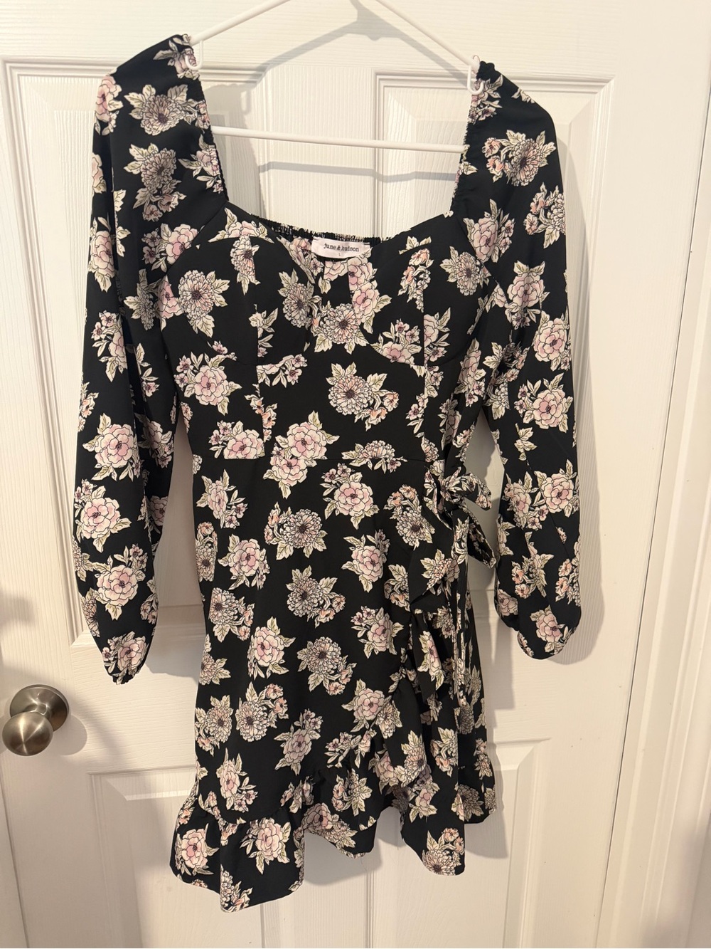 june & hudson Black Floral Wrap Dress with Pale Pink Blooms